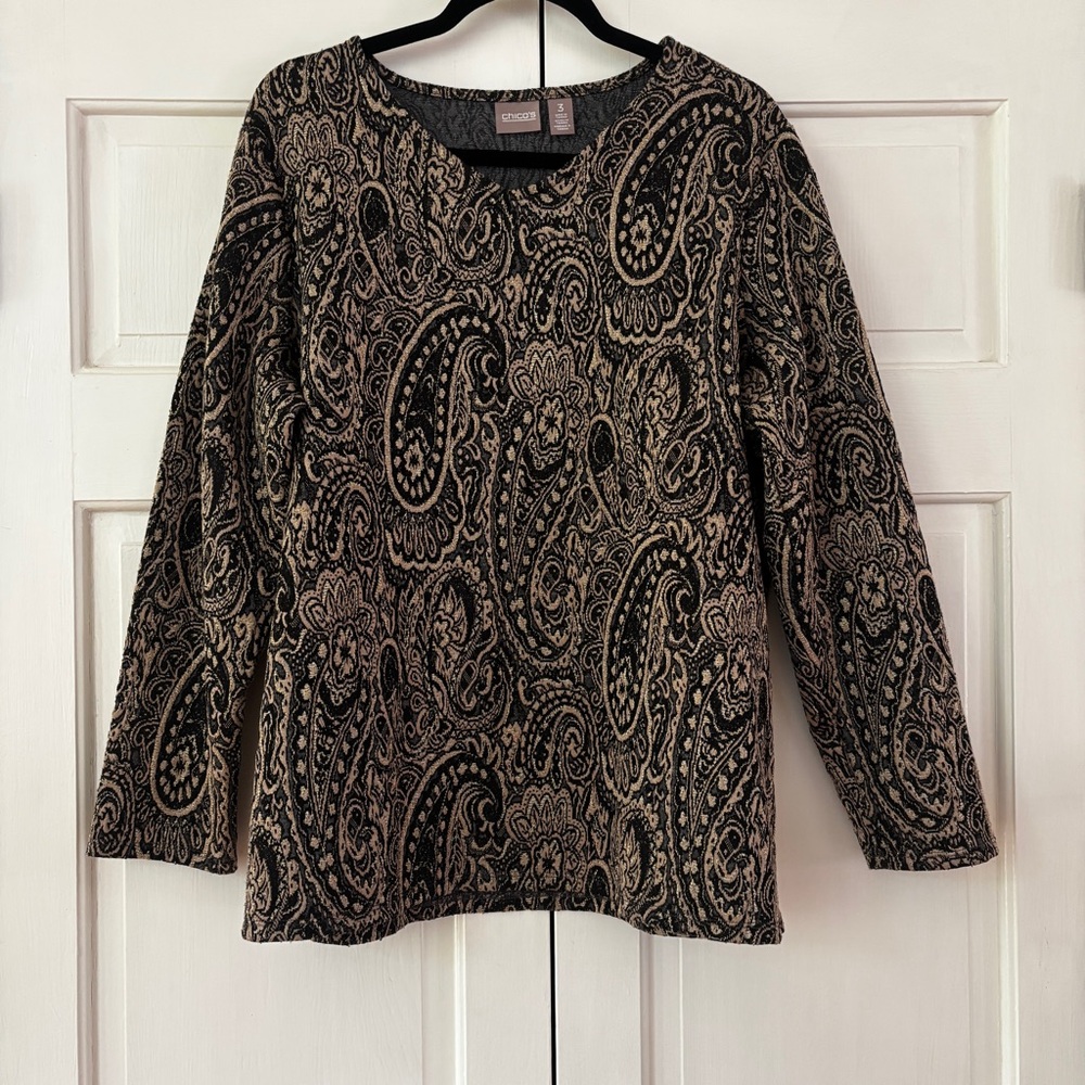 Chico's Size 3 Black Gold Paisley Print Blouse Evening Long Sleeve Top Chicos XL